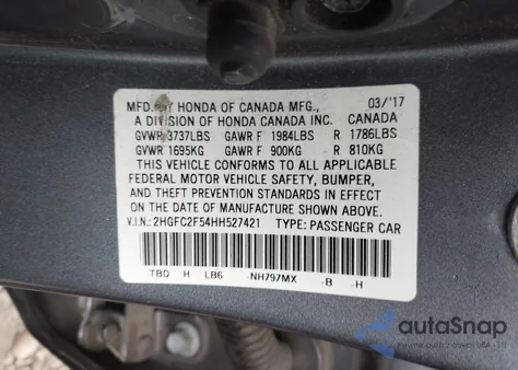 2017 Honda Civic Lx из США, поврежденный, VIN 2HGFC2F54HH527421